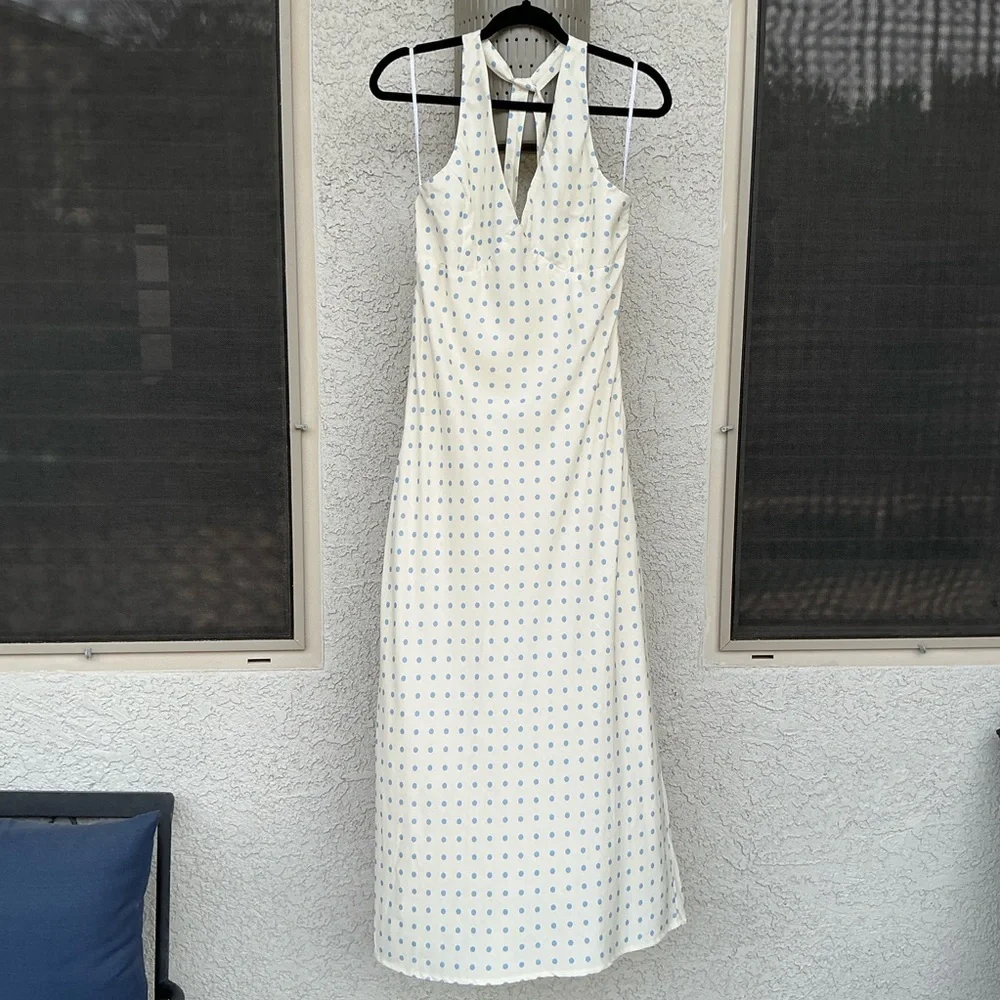 NWOT Lulu’s Meara Ivory and Blue Polka Dot Halter Midi Dress Large 2653211 Party